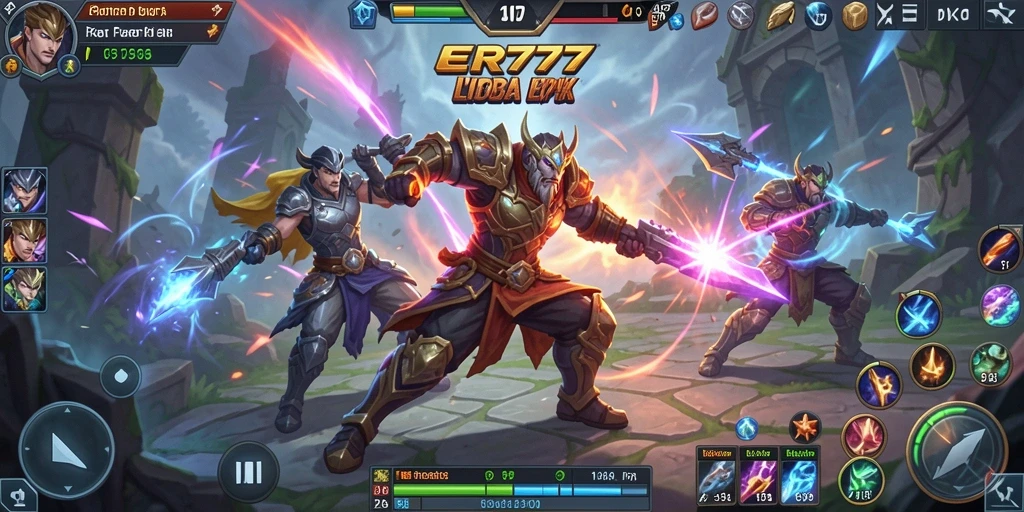 Tampilan gameplay seru ER777 dengan pertarungan karakter MOBA.