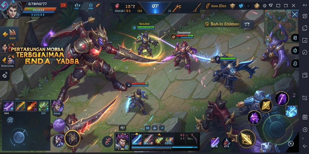 Screenshot gameplay GT777 menampilkan pertarungan MOBA yang intens.