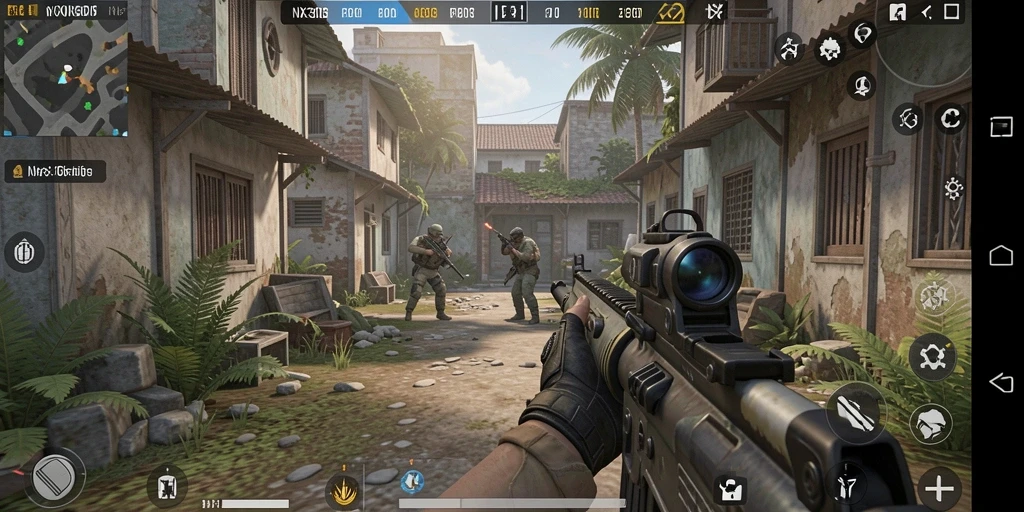 Screenshot menampilkan aksi pertarungan mendebarkan dalam NX303 FPS.