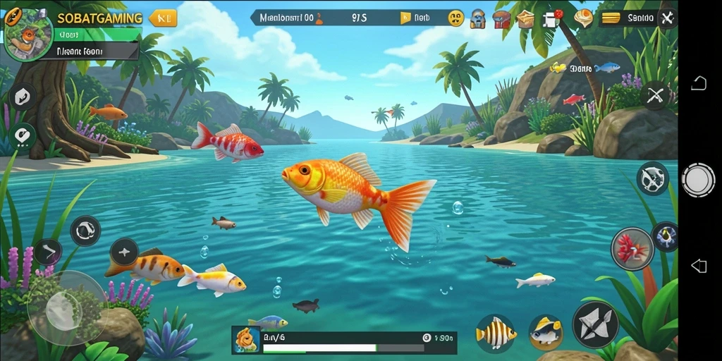 Tampilan gameplay SOBATGAMING dengan pemain memancing di lokasi indah.