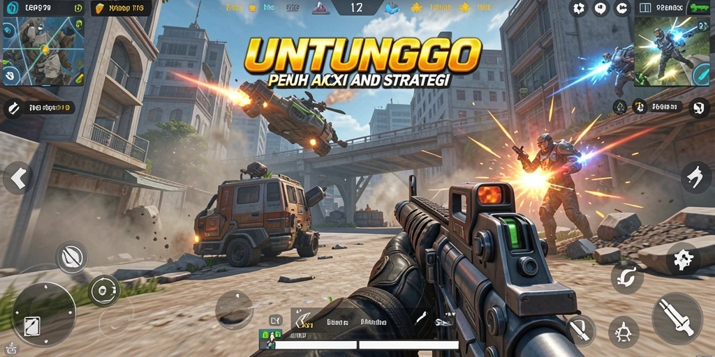 Menunjukkan aksi seru gameplay UNTUNGGO dalam pertempuran TPS.